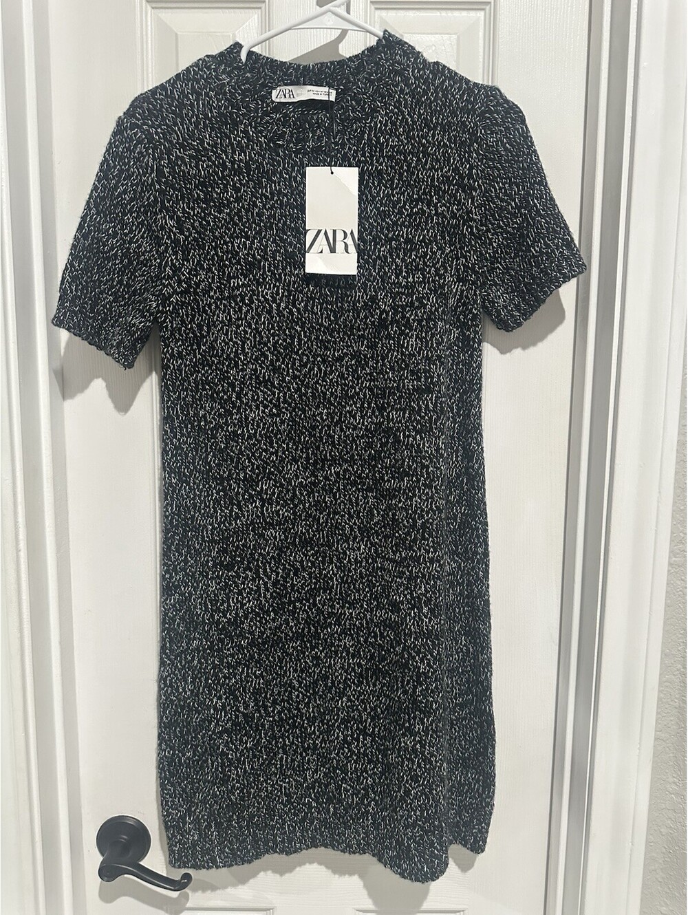 NWT -Zara Sweater Dress Womens Medium Black White Marled Knit Short Sleeve Shift
